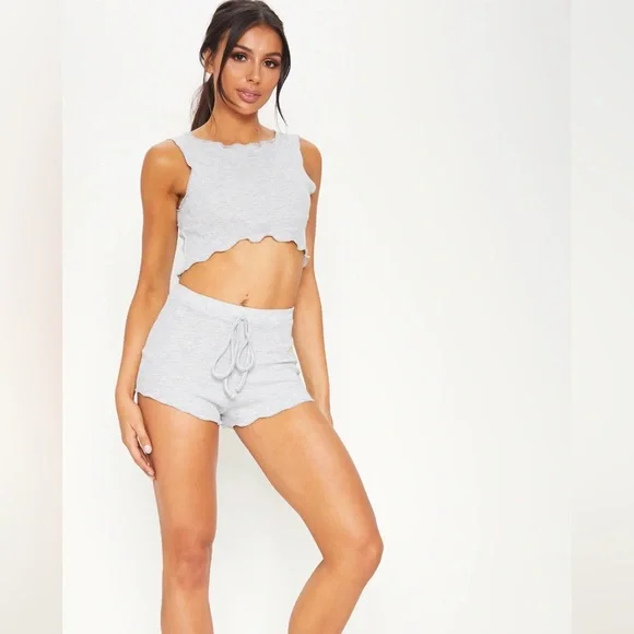 Grey Ribbed Frill Edge Short PJ Set🩶 - Picture 2 of 7